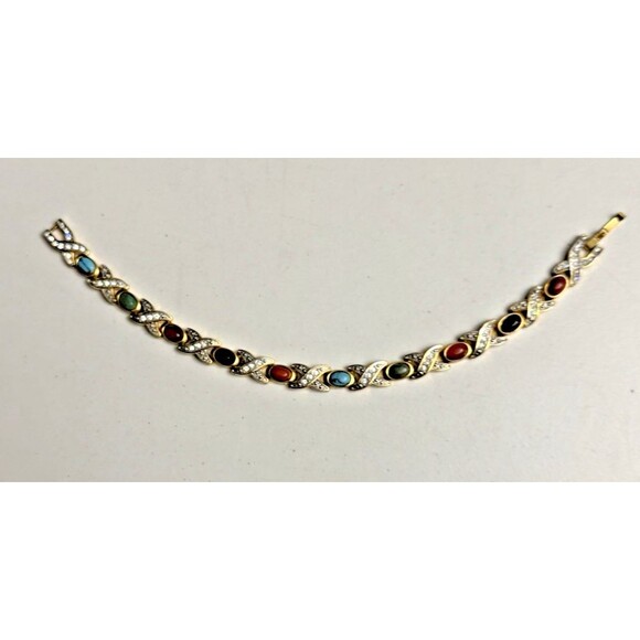 Vintage Goldtone Multi-Stone Link Bracelet – Fold Over Clasp - Picture 6 of 13